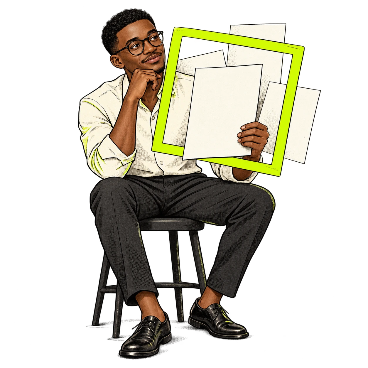 A professional examining their salary slip through a lime frame