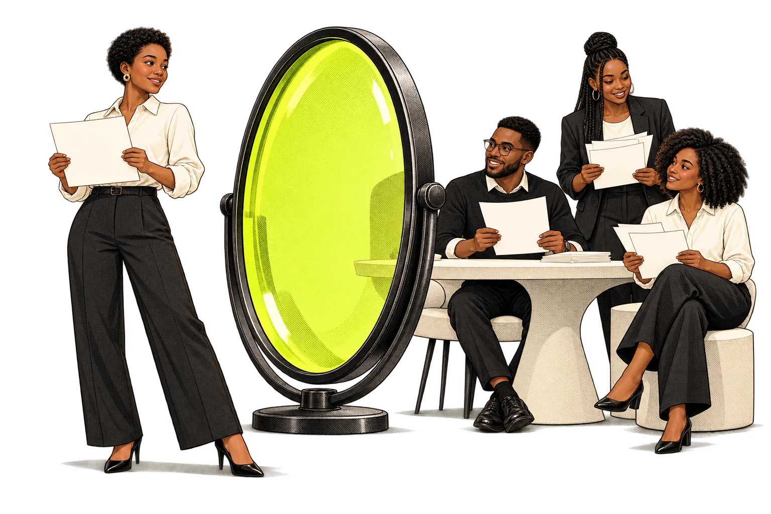African professionals examining individual salary slips through a large lime lens, bringing their pay into context